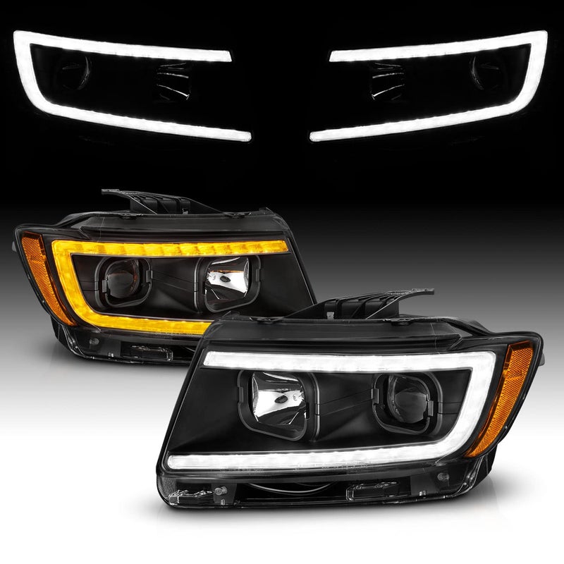 AmeriLite LED Switchback Tube Black Square Projector Headlight Assembly for 2011-2013 Jeep Grand Cherokee WK2 - Driver and Passenger Side
