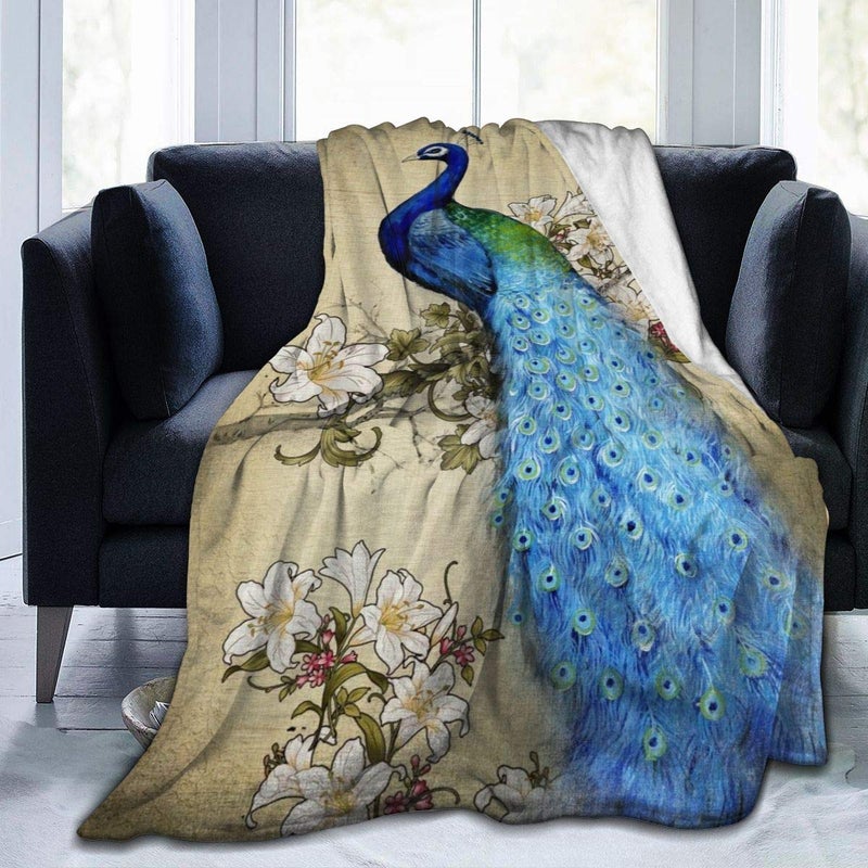 Abucaky Peacock Fleece Throw Blanket Ultra Soft Cozy Decorative Flannel Blanket All Season for Home Couch Bed Chair Travel 50x40in