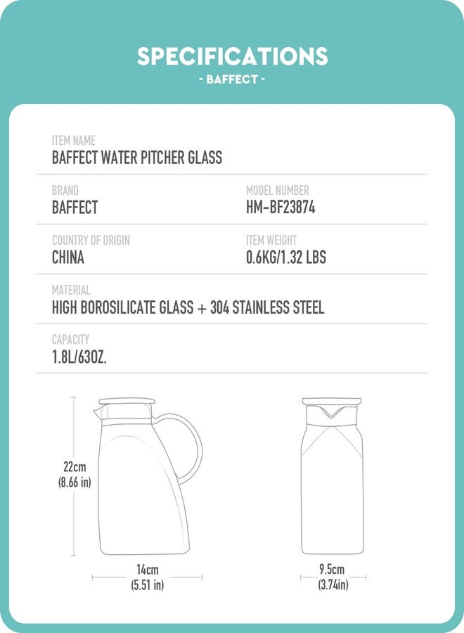 Baffect Water Pitcher, High Borosilicate Glass Jug with Stainless Steel Lid, Leakproof Fridge Door Carafe for Hot or Cold Beverage Vertical Pattern (1.8 L/63 oz.) - Image 5