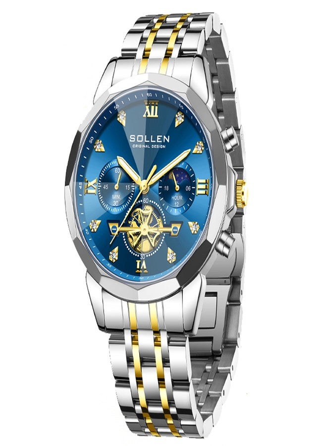 SOLLEN Mens Watches, Analog Quartz Chronograph Watches for Men, Stainless Steel Watch with Moon Phase, 30M Waterproof Wrist Watch for Men,Business Dress Classic Luxury Elegant Work Watch Gifts for Him - Image 1
