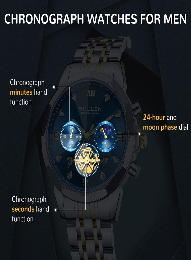SOLLEN Mens Watches, Analog Quartz Chronograph Watches for Men, Stainless Steel Watch with Moon Phase, 30M Waterproof Wrist Watch for Men,Business Dress Classic Luxury Elegant Work Watch Gifts for Him - Image 4