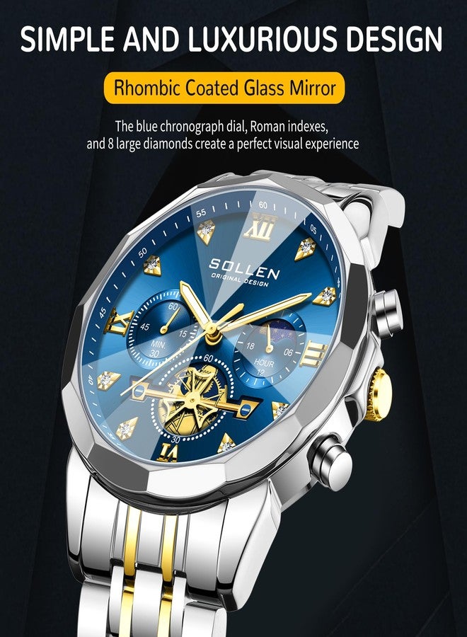 SOLLEN Mens Watches, Analog Quartz Chronograph Watches for Men, Stainless Steel Watch with Moon Phase, 30M Waterproof Wrist Watch for Men,Business Dress Classic Luxury Elegant Work Watch Gifts for Him - Image 3