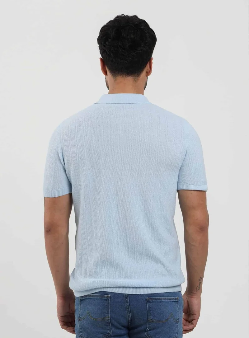 Dufy Ice Blue Men's Slim Fit Herringbone Patterned Polo Neck Sweater - 104566