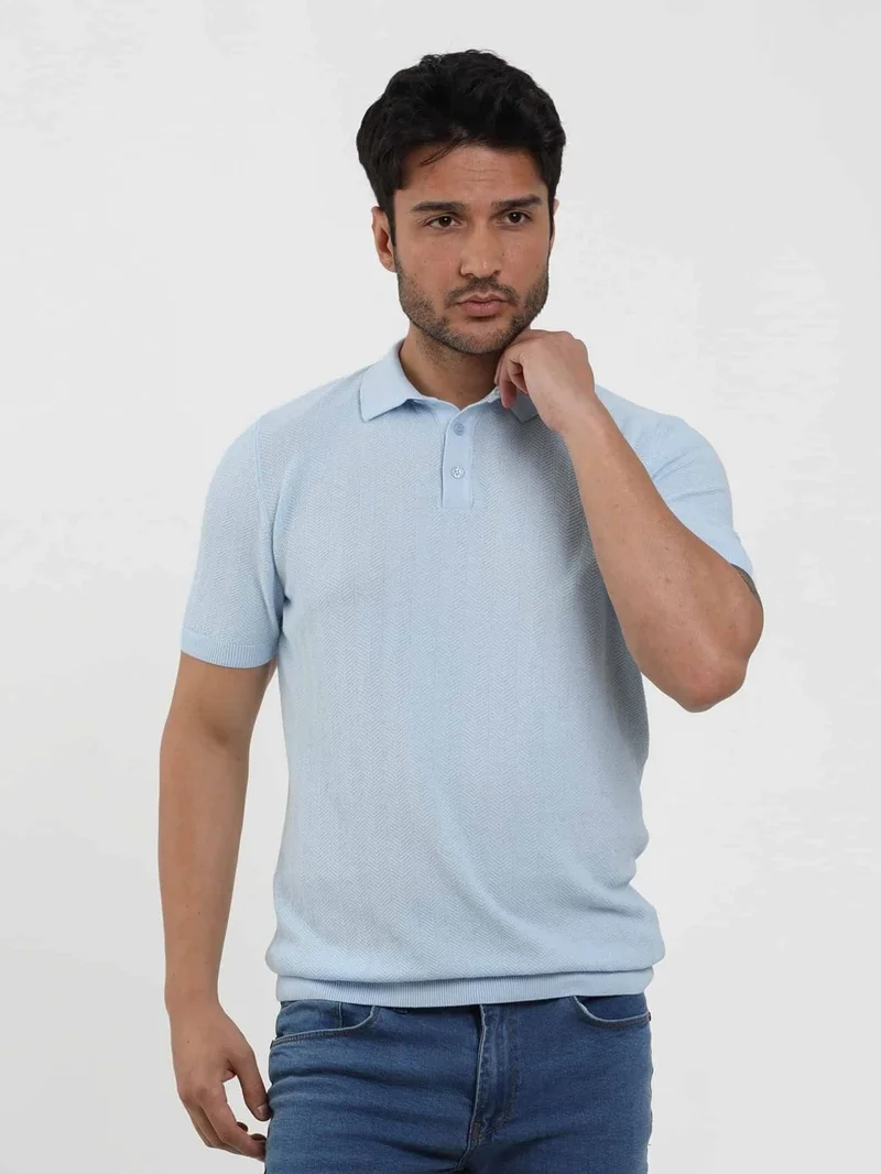 Dufy Ice Blue Men's Slim Fit Herringbone Patterned Polo Neck Sweater - 104566