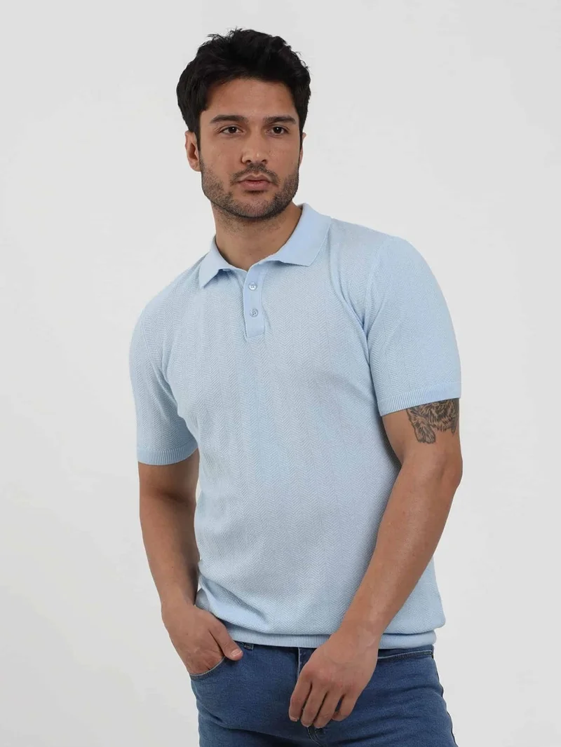 Dufy Ice Blue Men's Slim Fit Herringbone Patterned Polo Neck Sweater - 104566