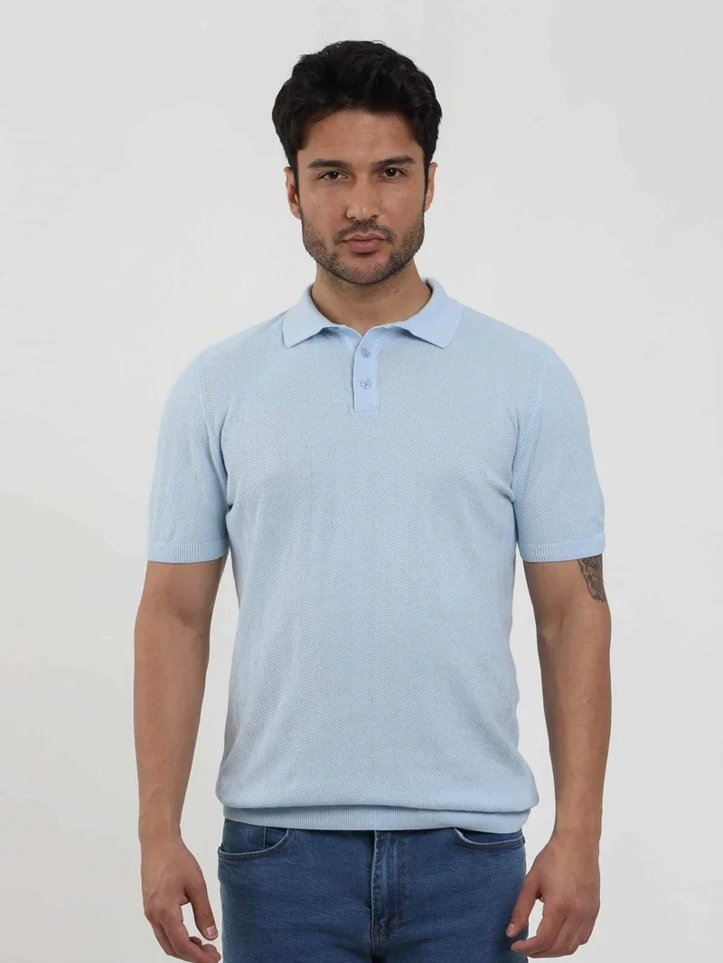 Dufy Ice Blue Men's Slim Fit Herringbone Patterned Polo Neck Sweater - 104566