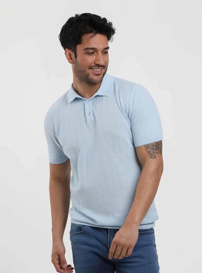 Dufy Ice Blue Men's Slim Fit Herringbone Patterned Polo Neck Sweater - 104566