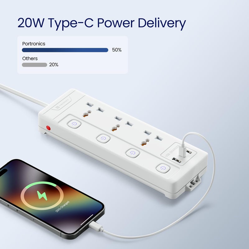 Portronics Power Plate 18 Extension Board with 3 Universal Power Sockets, 1500 Watts, 3 Meter Long Heavy-Duty Cord, USB-A & USB-C Ports for Charging(White) - Image 3