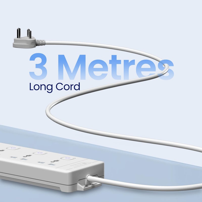 Portronics Power Plate 18 Extension Board with 3 Universal Power Sockets, 1500 Watts, 3 Meter Long Heavy-Duty Cord, USB-A & USB-C Ports for Charging(White) - Image 5