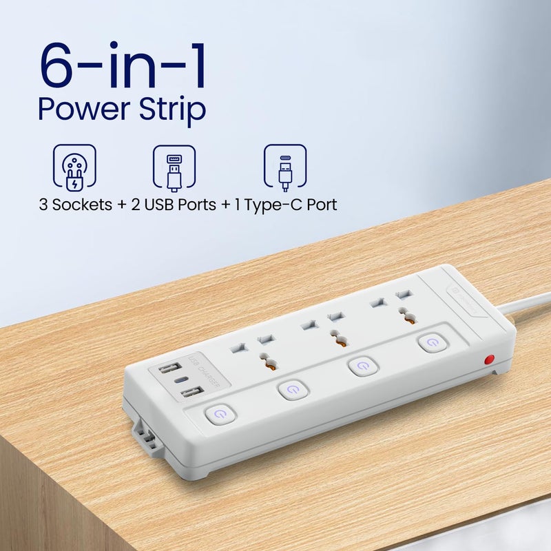 Portronics Power Plate 18 Extension Board with 3 Universal Power Sockets, 1500 Watts, 3 Meter Long Heavy-Duty Cord, USB-A & USB-C Ports for Charging(White) - Image 2