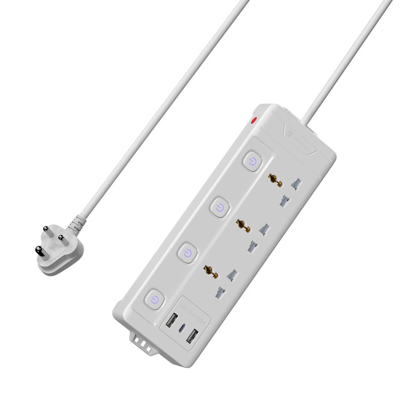Portronics Power Plate 18 Extension Board with 3 Universal Power Sockets, 1500 Watts, 3 Meter Long Heavy-Duty Cord, USB-A & USB-C Ports for Charging(White) - Image 1