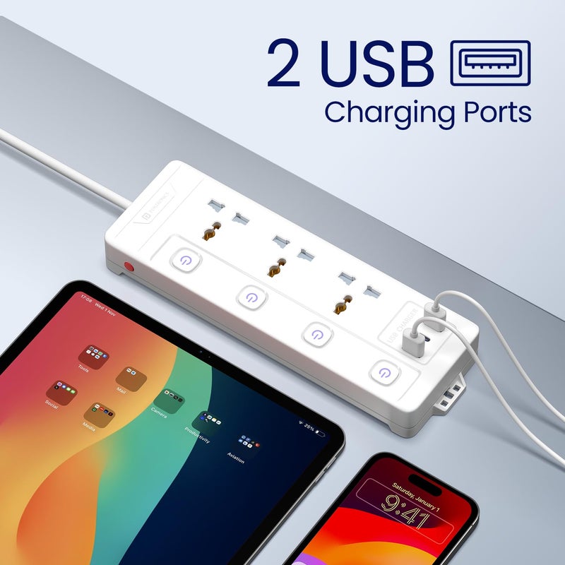 Portronics Power Plate 18 Extension Board with 3 Universal Power Sockets, 1500 Watts, 3 Meter Long Heavy-Duty Cord, USB-A & USB-C Ports for Charging(White) - Image 4