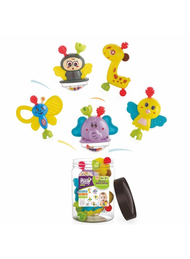 BeeBaby My First Beastie Rattles with Storage Jar, Pack of 5 Rattle for 0-6 Months, Fun Colour Teethers & Toys for Kids, Infants, New Born Baby, 100% BPA Free & Unbreakable. (Multicolour) - Image 1