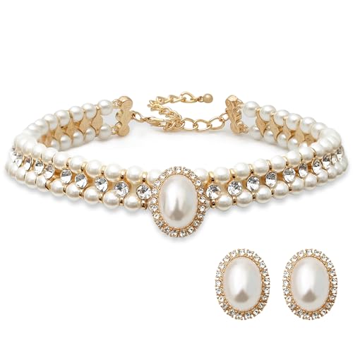 S SUSANN Faux pearl necklace set imitation pearl necklace and earring good gift for women (white rhinestones short choker) - Image 1