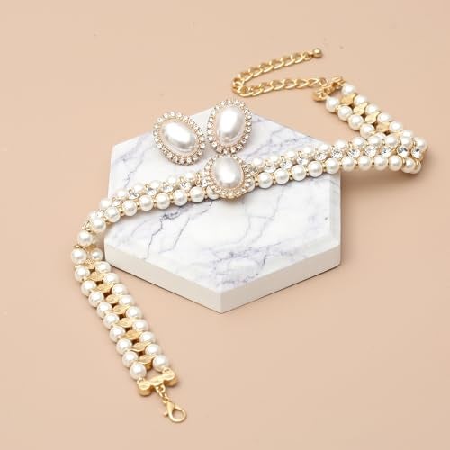 S SUSANN Faux pearl necklace set imitation pearl necklace and earring good gift for women (white rhinestones short choker) - Image 5