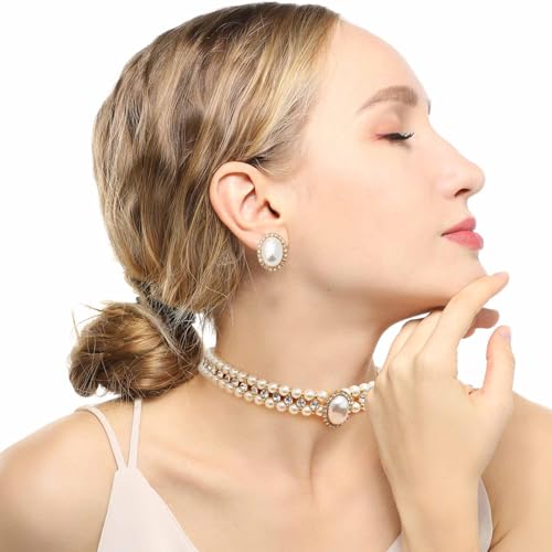S SUSANN Faux pearl necklace set imitation pearl necklace and earring good gift for women (white rhinestones short choker) - Image 3