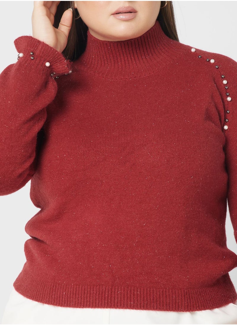 Ella Plus - Pearl Detail Turtle Neck Sweater - Image 1