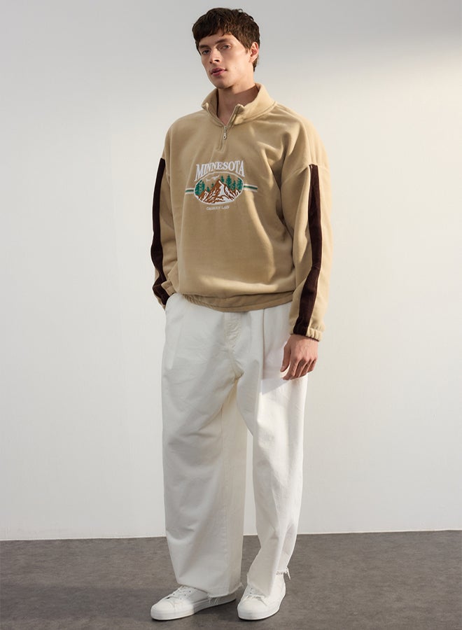 trendyol Stone Unisex Oversize/Wide Cut Stand Collar City Embroidery Anti-pilling Fleece Sweatshirt TMNAW24SW00034 - Image 2