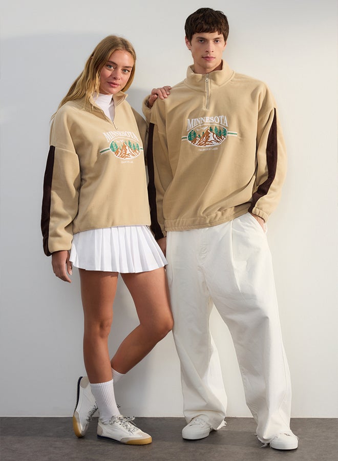 trendyol Stone Unisex Oversize/Wide Cut Stand Collar City Embroidery Anti-pilling Fleece Sweatshirt TMNAW24SW00034 - Image 1