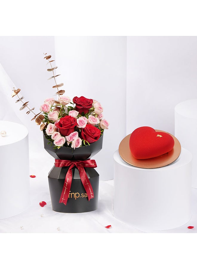 Ferns N Petals Valentine Combo Spray Rose Bouquet n Heart Shape Cake - Image 1