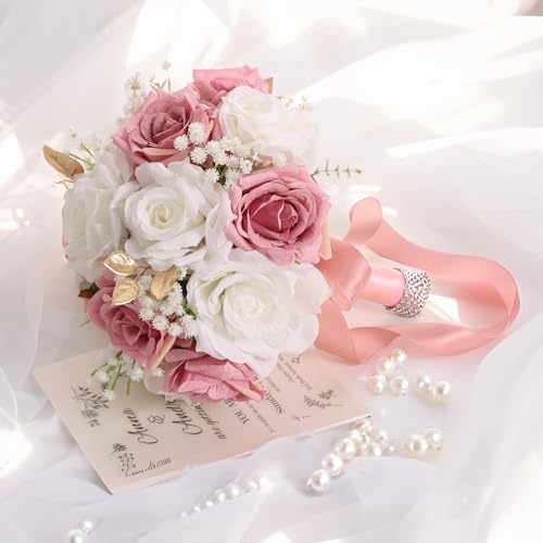 Qeedy Wedding Bouquets for Bride - Realistic Silk Flowers Artificial Roses, 9 Inch Bridesmaid Bouquet for Ceremony, Church, Anniversary, and Home Decoration (White & Pink) - Image 2