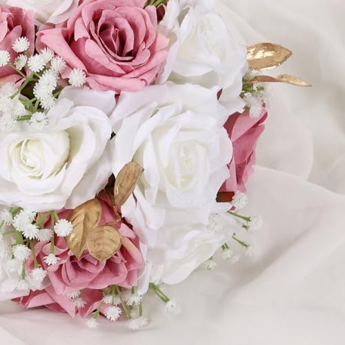 Qeedy Wedding Bouquets for Bride - Realistic Silk Flowers Artificial Roses, 9 Inch Bridesmaid Bouquet for Ceremony, Church, Anniversary, and Home Decoration (White & Pink) - Image 5