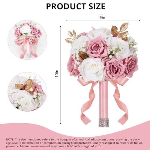 Qeedy Wedding Bouquets for Bride - Realistic Silk Flowers Artificial Roses, 9 Inch Bridesmaid Bouquet for Ceremony, Church, Anniversary, and Home Decoration (White & Pink) - Image 3