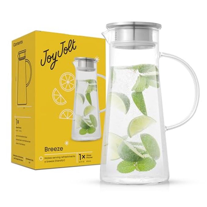 JoyJolt Glass Pitcher with Lid - 50oz Borosilicate Water Carafe, Jug with Stainless Steel Lid for Iced Tea, Lemonade, Juice, Mixed Drinks