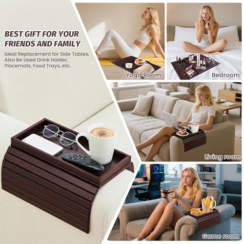 GEHE Bamboo Sofa Arm Tray, Foldable Couch Arm Tray Side Table, Anti-Falling Armrest Tables Cup Holder for Snacks, Drinks, Beers, Phone, Control, Flexible and Portable, Anti-Slip - Image 4