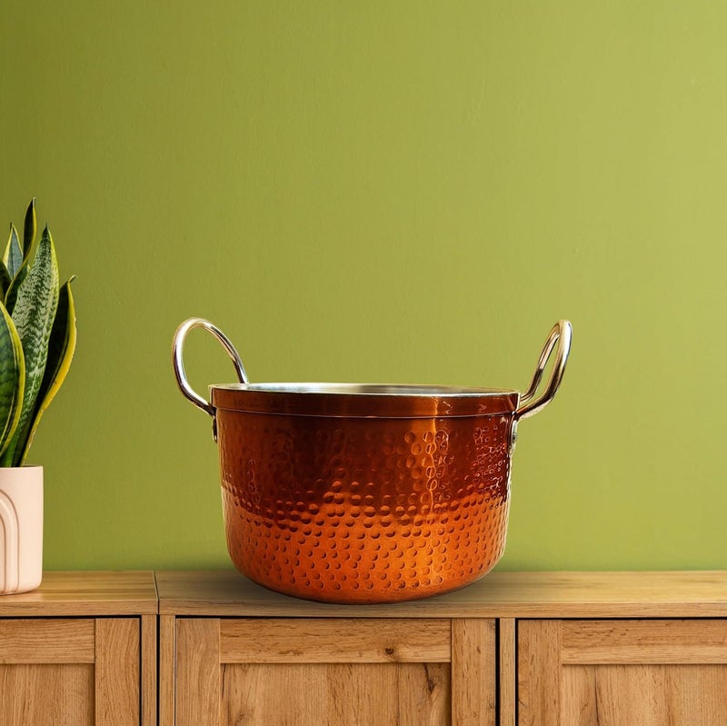 FLIXBLOOM Flixbloom Special Hammered Induction BaseLPG Friendly Kitchen Cooking Pot Cookware with Stainless Steel Lid Sauce Pot for BiryaniCooking Serving Outer Copper Finish 5 Litre  - Image 2