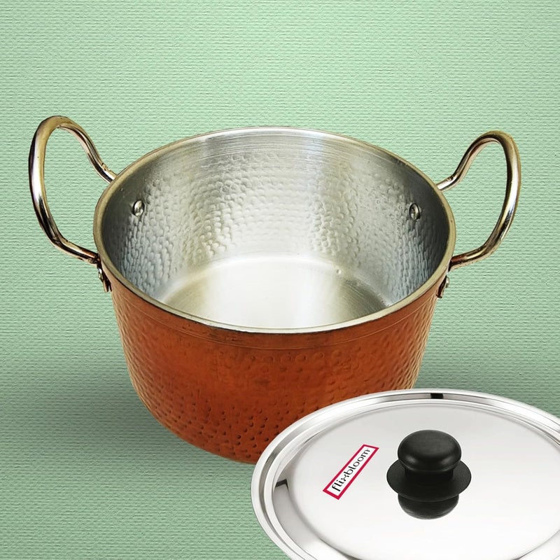 FLIXBLOOM Flixbloom Special Hammered Induction BaseLPG Friendly Kitchen Cooking Pot Cookware with Stainless Steel Lid Sauce Pot for BiryaniCooking Serving Outer Copper Finish 5 Litre  - Image 1