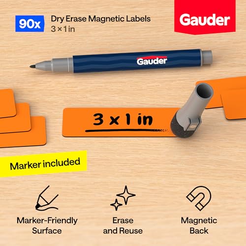 GAUDER Magnetic Labels Writable - Reusable Magnet Tags for Whiteboard, Chalkboard, Kanban Board and Refrigerator - Magnet Cards with Marker (90 Pack - 3 x 1 Inches) - Image 2