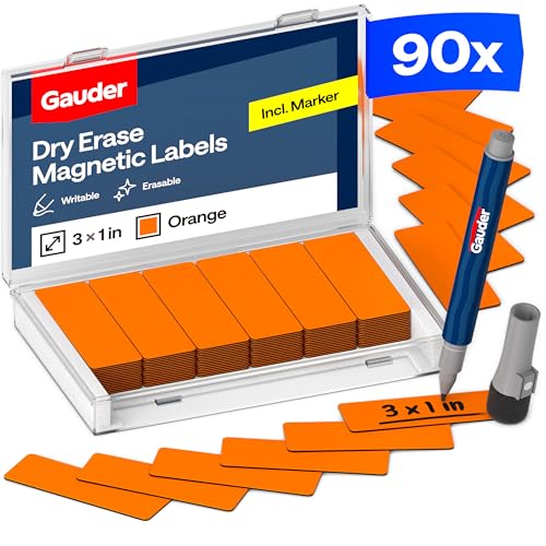 GAUDER Magnetic Labels Writable - Reusable Magnet Tags for Whiteboard, Chalkboard, Kanban Board and Refrigerator - Magnet Cards with Marker (90 Pack - 3 x 1 Inches) - Image 1