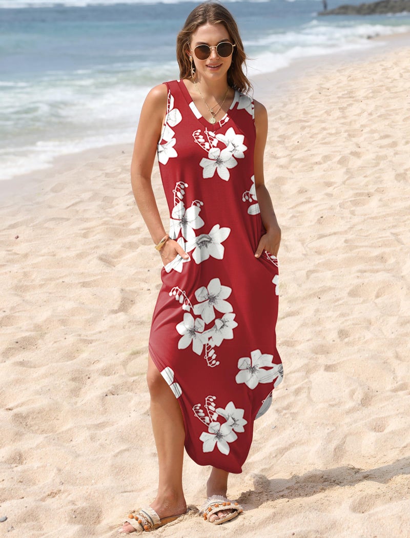 Sampeel Maxi Dresses for Women Elegant Classy 2025 Beach Vacation Clothes Summer Outfits Hawaiian Tropical Dress Floral Red M - Image 3