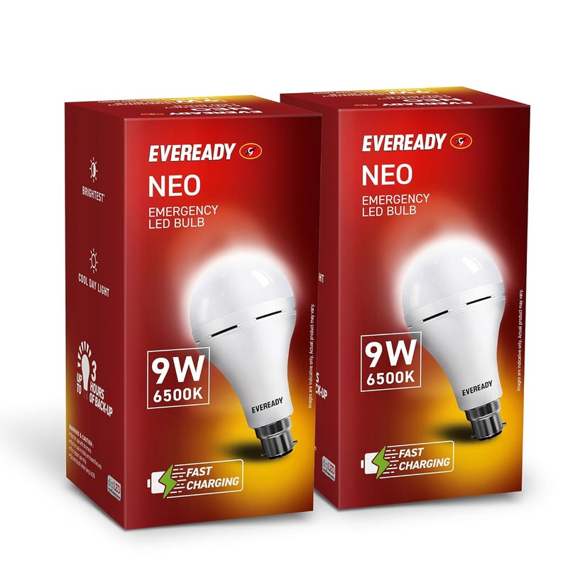 Eveready 9W Emergency Inverter LED Bulb, Cool Day Light (6500K), Rechargeable Bulb with 3 Hours Backup, Ideal for Powercuts, Energy Efficient, B22 Base, Pack of 2 - Image 1