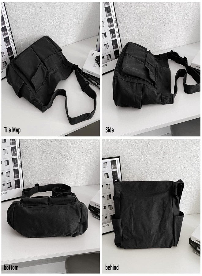 LassZone Roomy Canvas Crossbody Messenger Bag for Men Women Satchel Shoulder Bag Large Capacity Tote Bag Multi-Pocket & Adjustable Strap Hobo Bag - Image 2