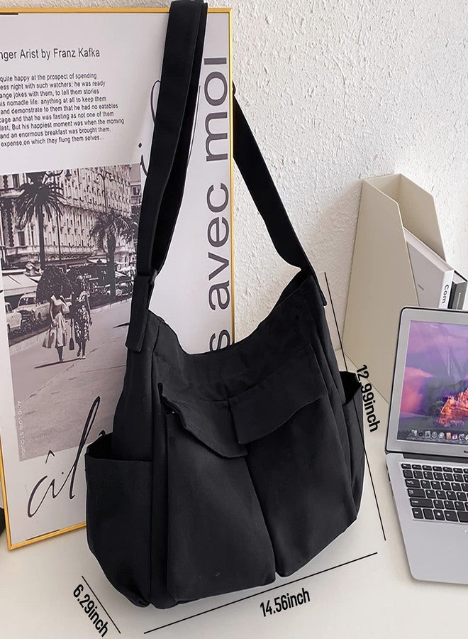 LassZone Roomy Canvas Crossbody Messenger Bag for Men Women Satchel Shoulder Bag Large Capacity Tote Bag Multi-Pocket & Adjustable Strap Hobo Bag - Image 3