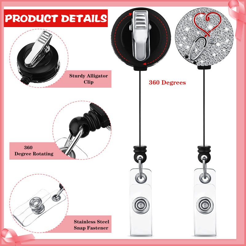 Zonon 3 Pieces Nurse Badge Reel Retractable Nursing Holder Bling Rhinestone ID Holder with Clip Diamond Heart Badge Clip for School Hospital Doctor  Christmas Gifts - Image 2