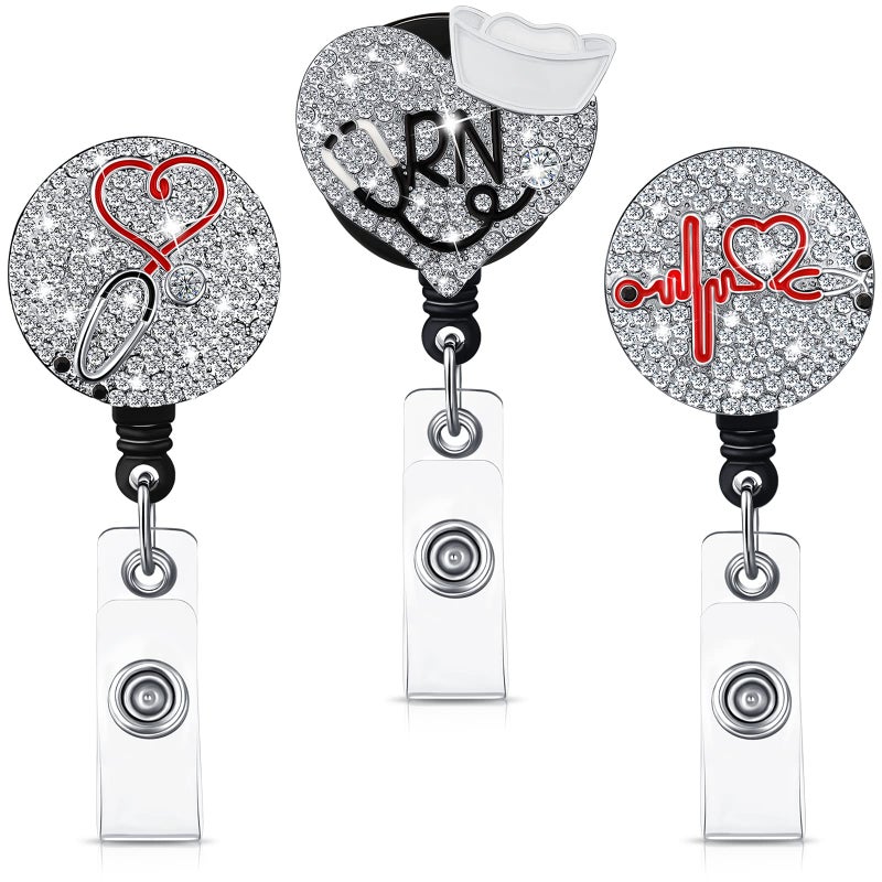 Zonon 3 Pieces Nurse Badge Reel Retractable Nursing Holder Bling Rhinestone ID Holder with Clip Diamond Heart Badge Clip for School Hospital Doctor  Christmas Gifts - Image 1