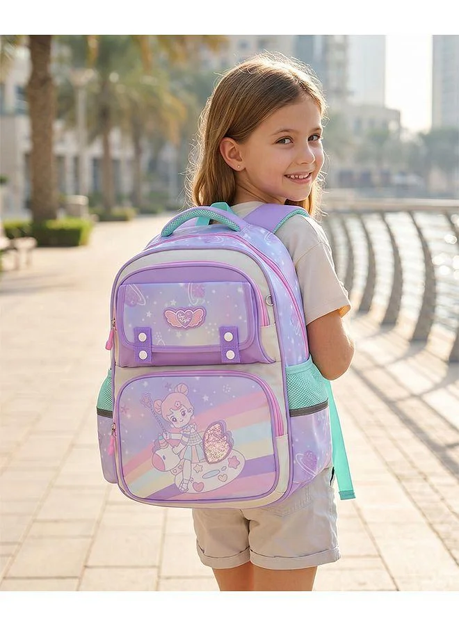 Bonfino Bonfino Fairy Themed Girl Printed Backpack, Adjustable Shoulder Strap, Zipper Closure, Spacious, 8 Years+, Purple - 16 Inches