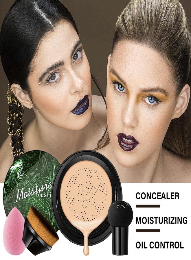 Fusang 2PCS Mushroom Head Air Cushion CC Cream, Moisturizing Lasting Oil Control BB Cream for All Skin Types, Full Coverage Concealer Liquid Foundation Face Makeup Set with Foundation Brush & Makeup Sponge A - Image 2