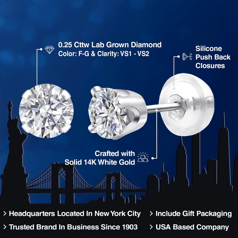 Gem Stone King 0.20 to 6 Cttw 14K Gold Lab Grown Diamond Stud Earrings | Gold Earrings For Women Men | E-F Color | VS1-VS2 Clarity | White Gold | 0.25 Carats - Image 2