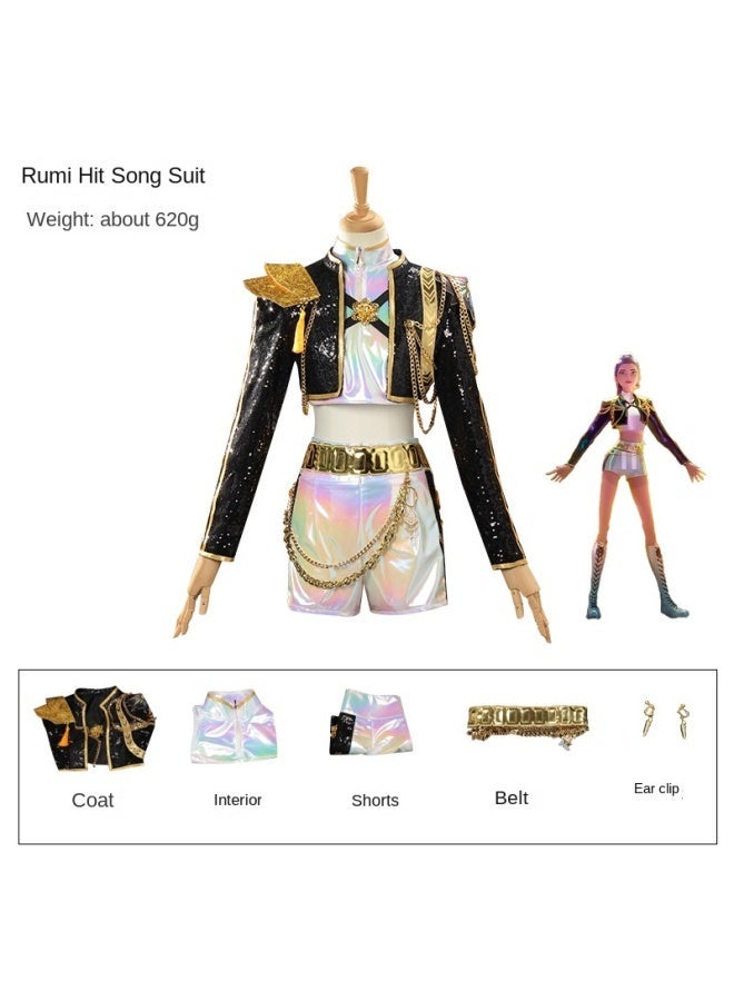 Loquat Rumi Hit Song Stage Outfit | Black Gold Sequin  Holographic KPOP Girl Group Cosplay Costume - Image 1