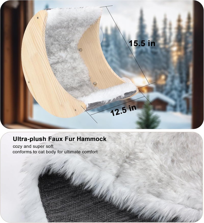 HAPYKITYS Window Cat Beds with Ultra Plush Hammock, Moon Shelves Mounted with Strong Suction Cups, Cat Window Seat for Overlooking and Sunbathing(Faux Wool Fur) - Image 3