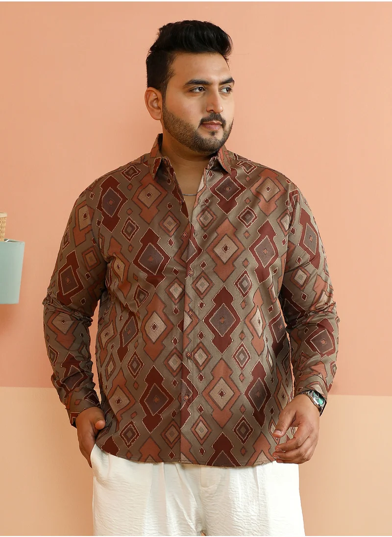 انستافاب بلس Instafab Plus Men's Peanut Brown Contrast Geometric-Woven Shirt For Casual Wear | Spread Collar | Long Cuffed Sleeves | Button Closure | Plus Size Shirt Crafted With Comfort Fit For Everyday Wear