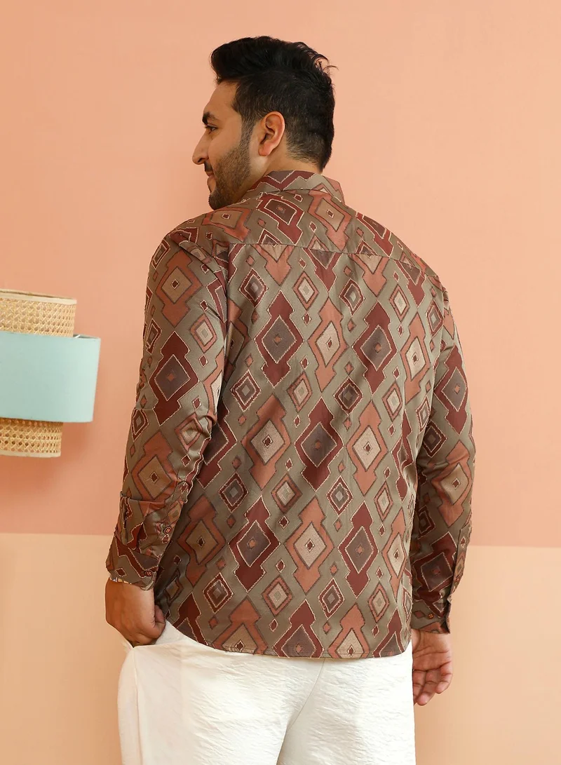 Instafab Plus Instafab Plus Men's Peanut Brown Contrast Geometric-Woven Shirt For Casual Wear | Spread Collar | Long Cuffed Sleeves | Button Closure | Plus Size Shirt Crafted With Comfort Fit For Everyday Wear