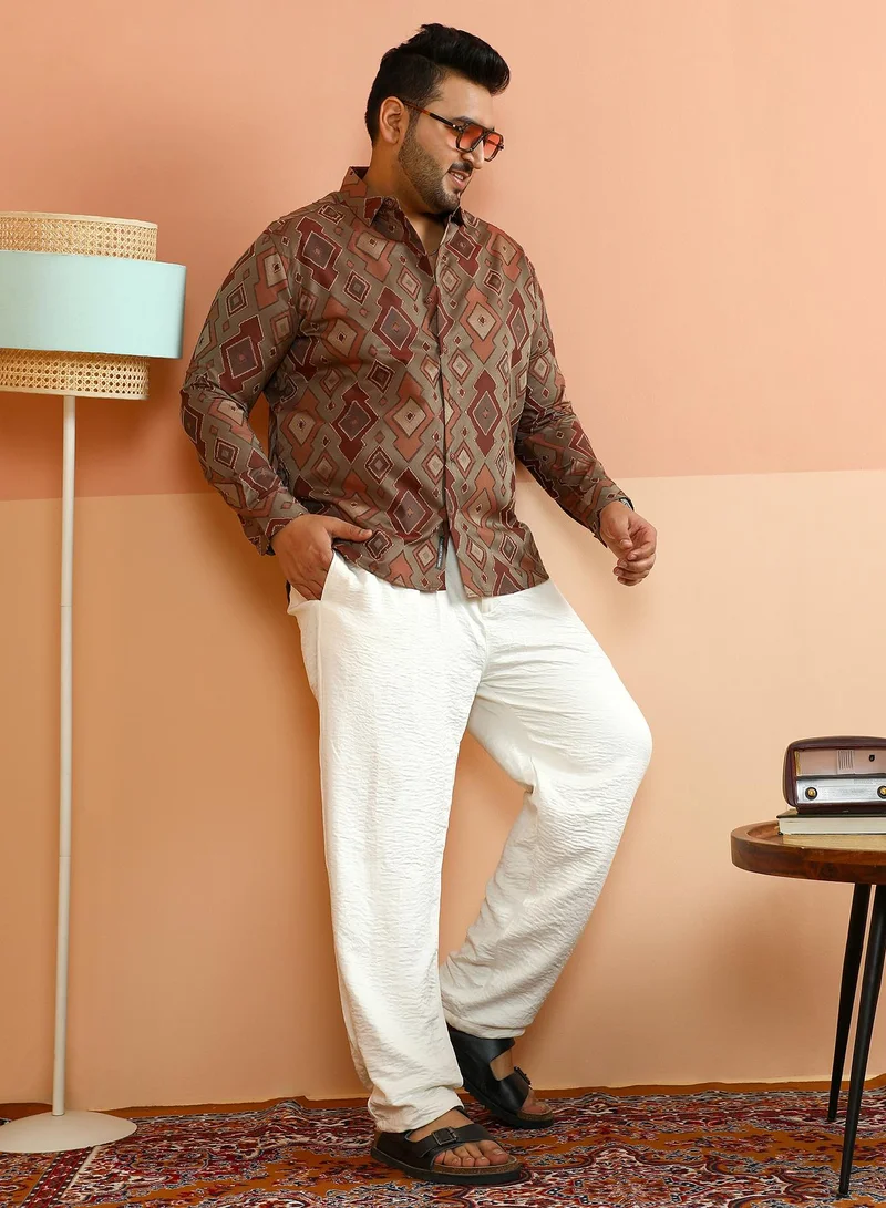Instafab Plus Instafab Plus Men's Peanut Brown Contrast Geometric-Woven Shirt For Casual Wear | Spread Collar | Long Cuffed Sleeves | Button Closure | Plus Size Shirt Crafted With Comfort Fit For Everyday Wear