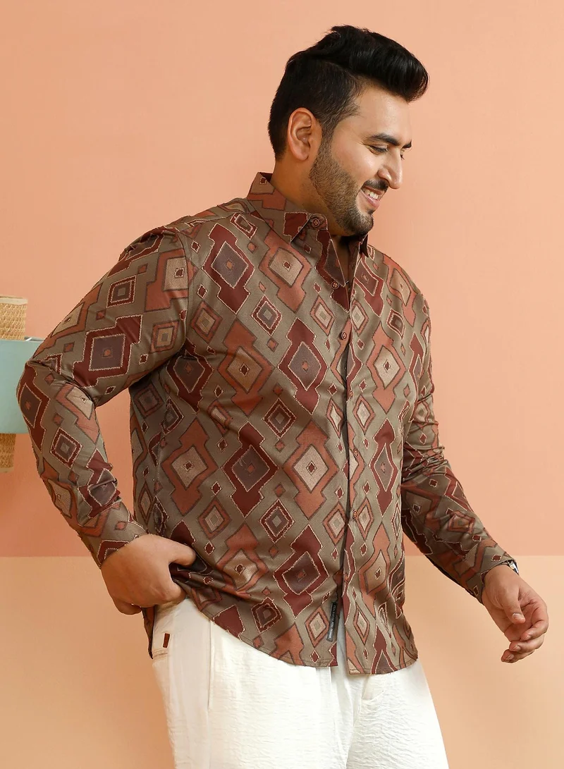 Instafab Plus Instafab Plus Men's Peanut Brown Contrast Geometric-Woven Shirt For Casual Wear | Spread Collar | Long Cuffed Sleeves | Button Closure | Plus Size Shirt Crafted With Comfort Fit For Everyday Wear