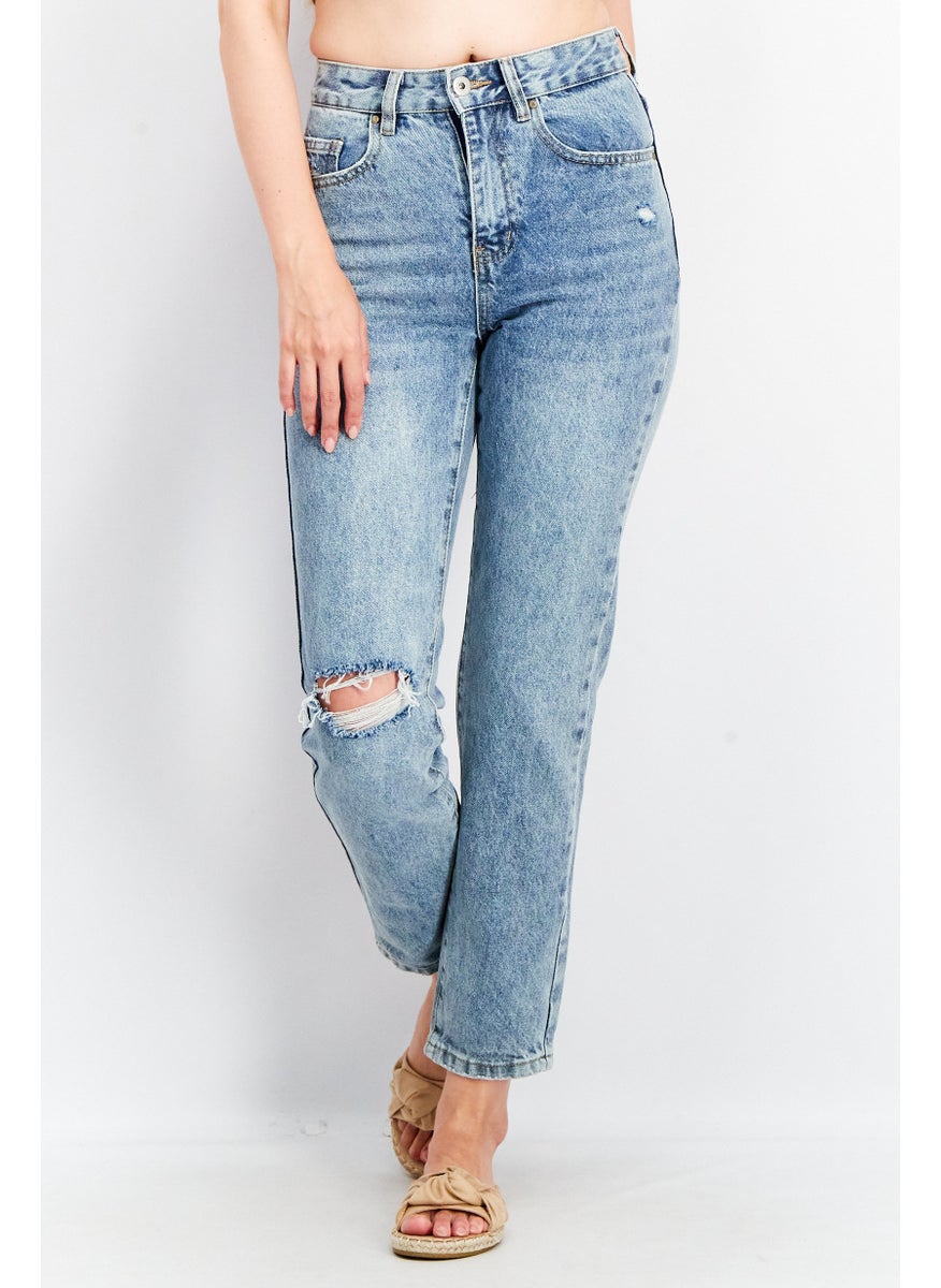 Cotton On Women Mom Fit Washed Ripped Non-Stretchable Jeans, Blue  - Image 1