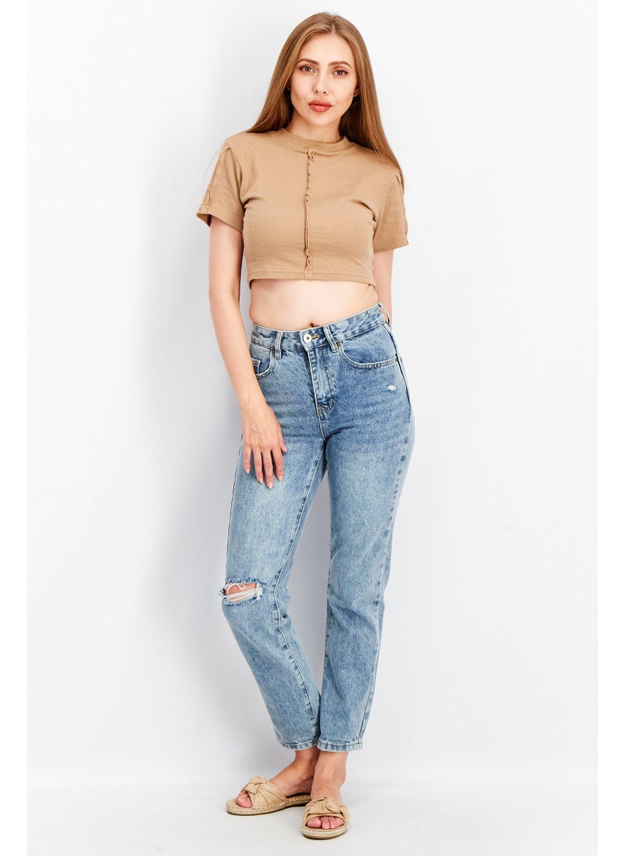 Cotton On Women Mom Fit Washed Ripped Non-Stretchable Jeans, Blue  - Image 4